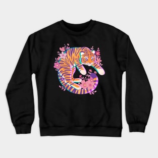 Colorful cartoon tiger with pink flowers Crewneck Sweatshirt